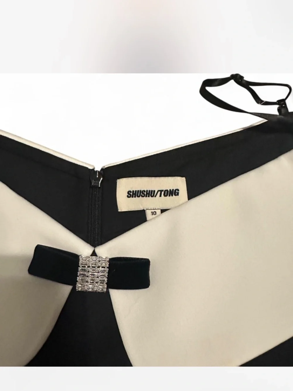 Off-Shoulder Black & White Mini Dress with Bow Detail - Picture 3 of 3